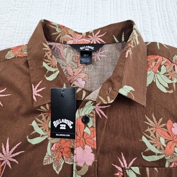 Billabong Hawaiian Shirt Women's S Brown Floral NEW Short Sleeve NWT MSRP $66 - Picture 6 of 16